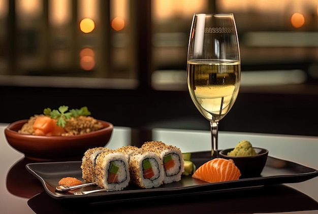 Sushi rolls and a glass of white sparkling wine