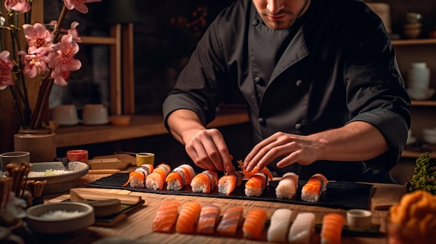 sushi rolls in the hands of a chef Generative AI