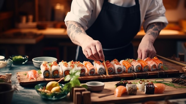 sushi rolls in the hands of a chef Generative AI