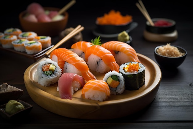 sushi rolls and sushi are on a wooden tray with other sushi