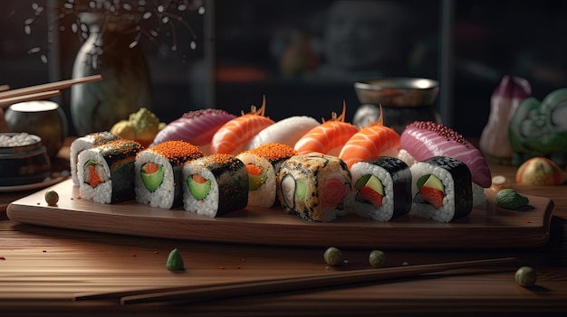 Sushi Rolls in a Warm and Inviting Setting Isolated on a Cozy Background Ai generated