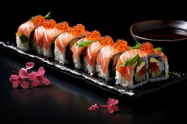 a sushi rolls with flowers and a bowl of sushi