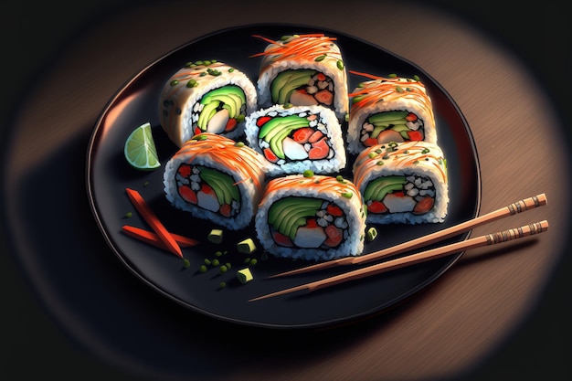 Sushi rolls with mayo served with crab stick ebi and cucumber