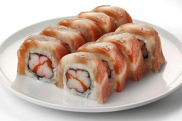 Sushi rolls with raw fish slices on a white plate