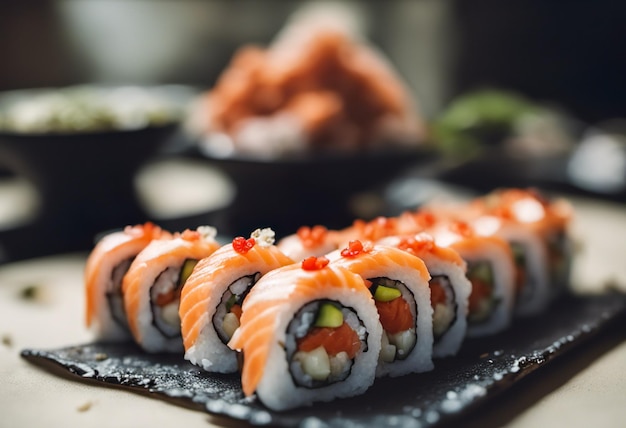 Sushi rolls with salmon avocado cucumber