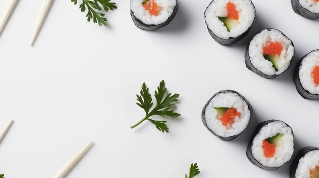 Photo sushi rolls with salmon and cucumber garnished with parsley arranged on a white background with chop