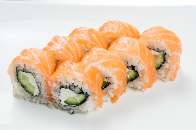 Sushi rolls with salmonnd cucumbers in the middle