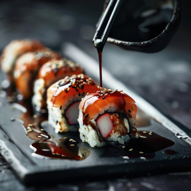 a sushi rolls with sesame seeds on a black tray