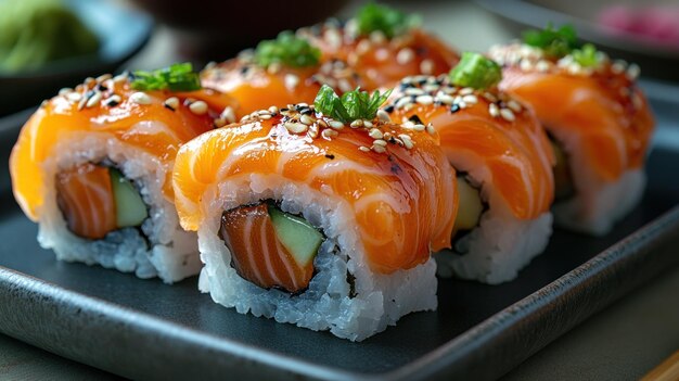 a sushi rolls with sesame seeds and sesame seeds on them