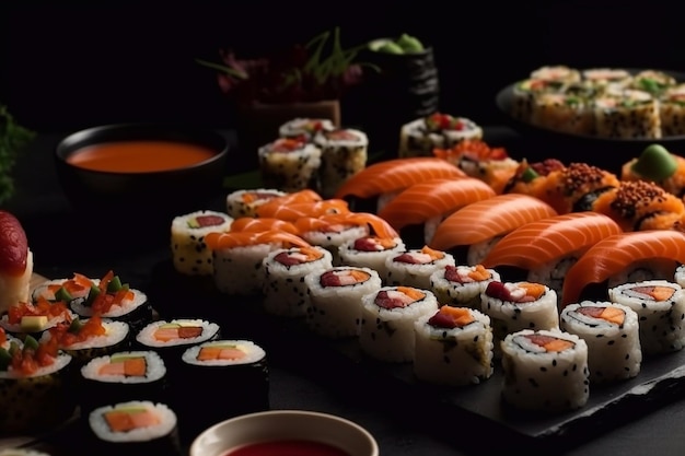 Sushi and rolls on a wooden board Closeup of sushi and rolls Generative AI