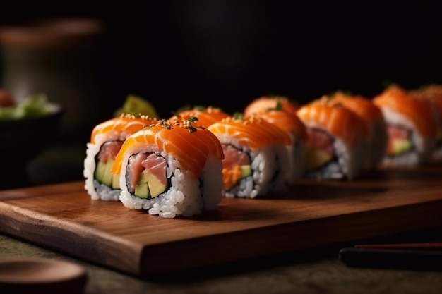 Sushi and rolls on a wooden board Closeup of sushi and rolls Generative AI