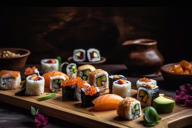 Sushi and rolls on a wooden board serving in a cafe or restaurant Generative AI