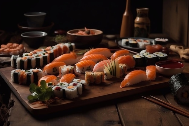 Sushi and rolls on a wooden board serving in a cafe or restaurant Generative AI