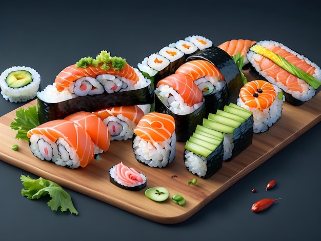 Sushi rolls on a wooden board with a green leaf illustration of sushi dishes AI GENERATED