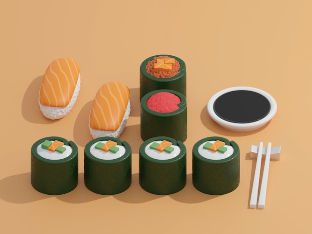 sushi and rolls on a wooden cutting board with japanese chopsticks on background 3d rendering