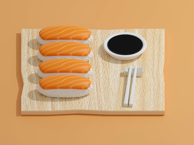 sushi and rolls on a wooden cutting board with japanese chopsticks on background 3d rendering