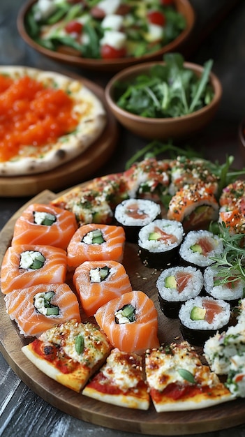 sushi rolls on a wooden plate with other sushi on the table