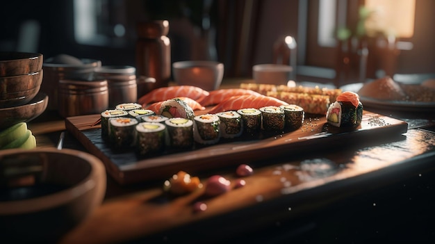 Sushi rolls on a wooden table in a Japanese restaurantgenerative ai