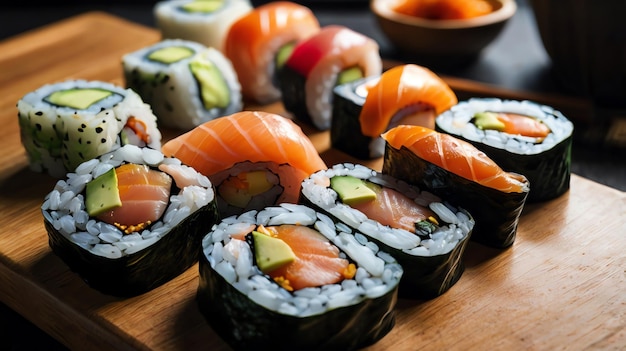 sushi rolls on a wooden tray