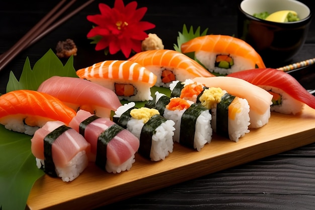 Sushi and sashimi A plate of sushi with a red flower in the background