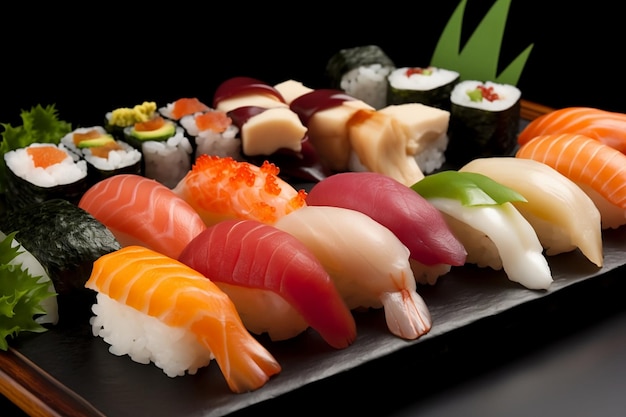 Sushi and sashimi A platter of sushi with a black background