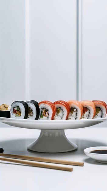 Sushi selection on white plate isolated on white background