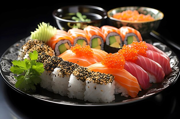 Sushi set on black background Sushi rolls with salmon tuna shrimp avocado cucumber wasabi and ginger