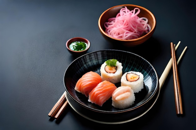 Sushi Set nigiri rolls and sashimi served in traditional Japan black Sushioke round plate