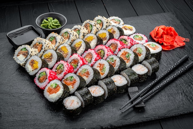 Sushi set Philadelphia roll california unagi black dragon with fresh ingredients