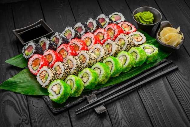 Sushi set Philadelphia roll california unagi black dragon with fresh ingredients