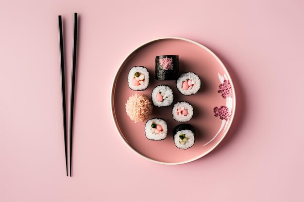 Sushi set in plate on pink background Valentine day food Illustration AI Generative