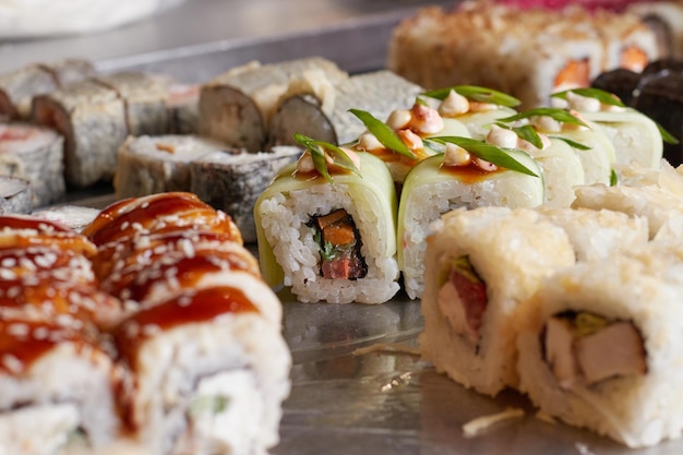 Sushi set on the table, macro, close-up, various sushi and rolls, food, asian cuisine