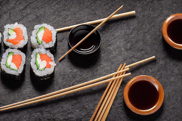 Sushi set with red fish and traditional japanese sticks