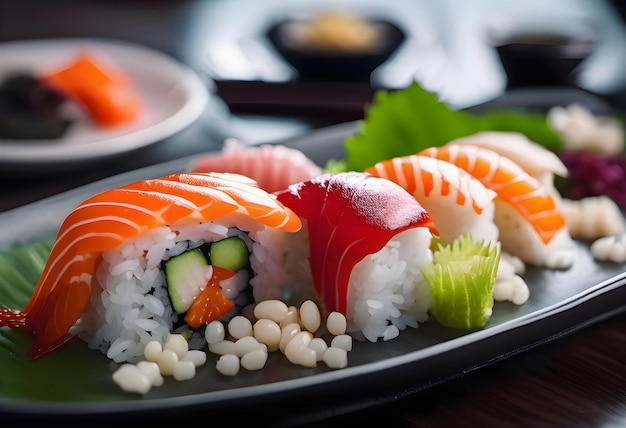 Sushi set with salmon tuna cucumber wasabi and ginger with rice and beans Sushi lies on a plate