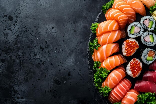 Photo sushi set with sashimi and salmon on a dark background shown from above in a japanese food style