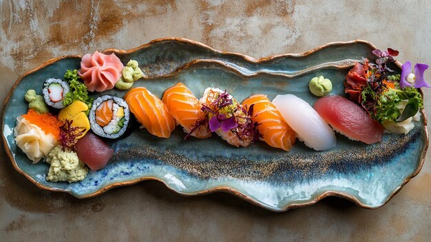 Photo a sushi tray with different sushi on it