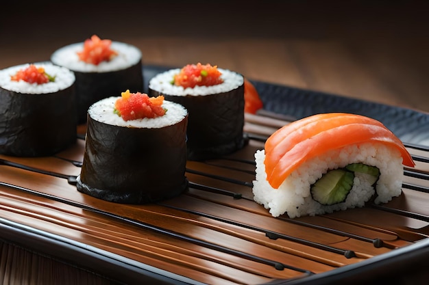 Sushi on a tray with a salmon roll on it