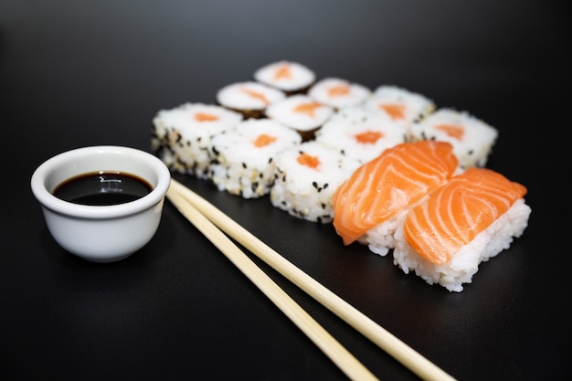 Sushi, a typical Japanese food prepared with a base of rice and various raw fish.