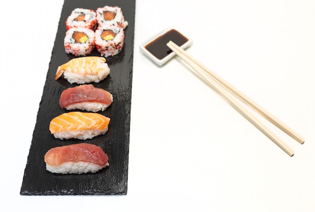 Sushi, a typical Japanese food prepared with a base of rice and various raw fish.