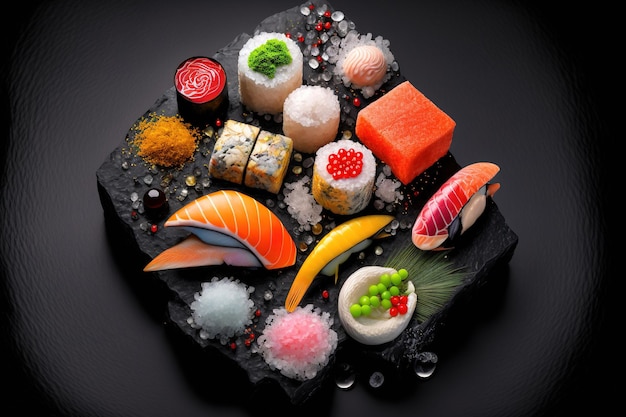 Sushi of various varieties presented on a black stone