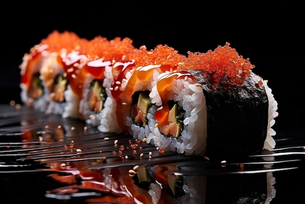 Sushi with caviar on a black isolated background Delicious sushi with caviar and avocadoAI Generat