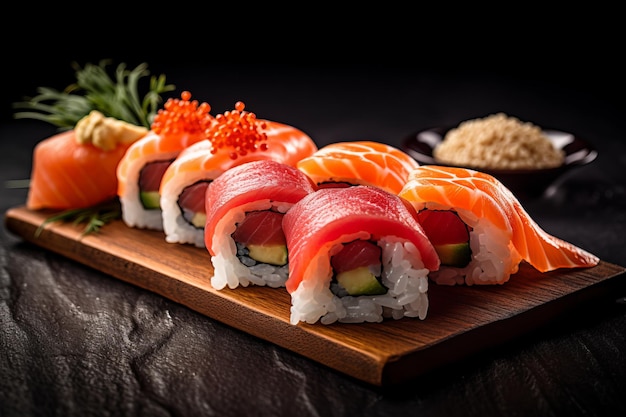 Sushi on a wooden board with a black background