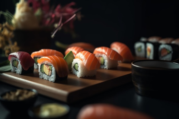 Sushi on a wooden tray with a black background