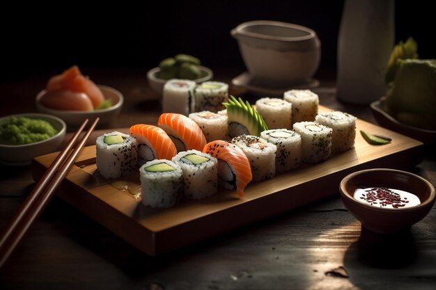 Sushi on a wooden tray with a bowl of sushi on it