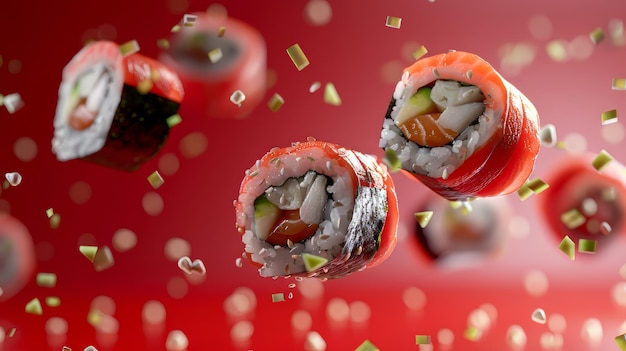 Sushis floating or falling on colorful background