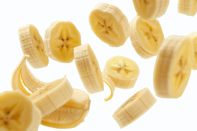 Suspended banana slices dancing elegantly in a pristine white space