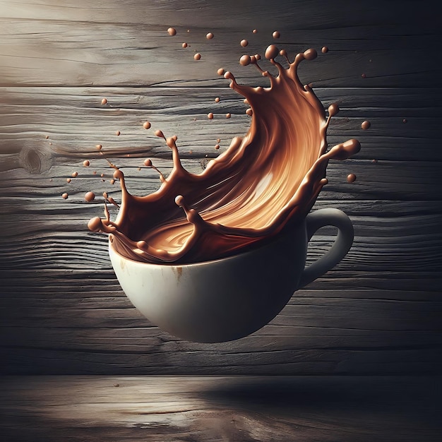 Suspended Coffee Cup and Splash in Motion on Textured Wood Surface Realistic Image