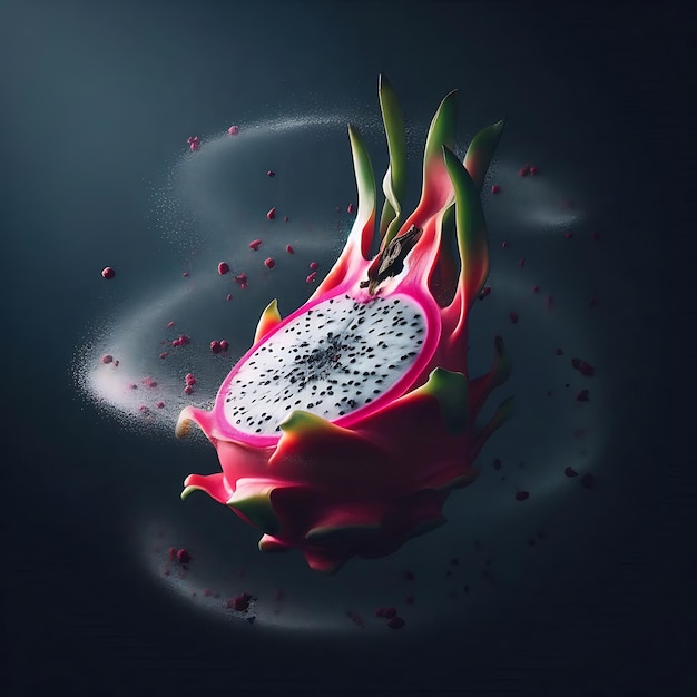 Photo suspended dragon fruit against dark mood pink skin and white speckled flesh hovering in dramatic li