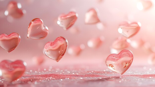 Suspended Glass Hearts with Dew on Pink Surface