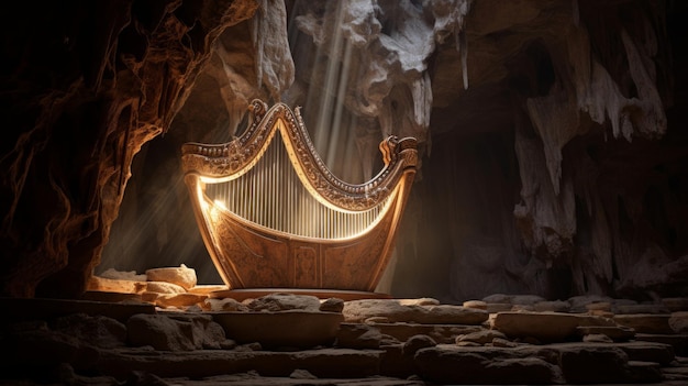 Suspended lyre in crystal cave its melodies form intricate glowing formations